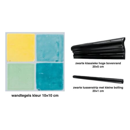 Stalenpakket tegellambrisering kleur 10x10 cm met wandtegels, zwarte bovenrand en tussenstrip