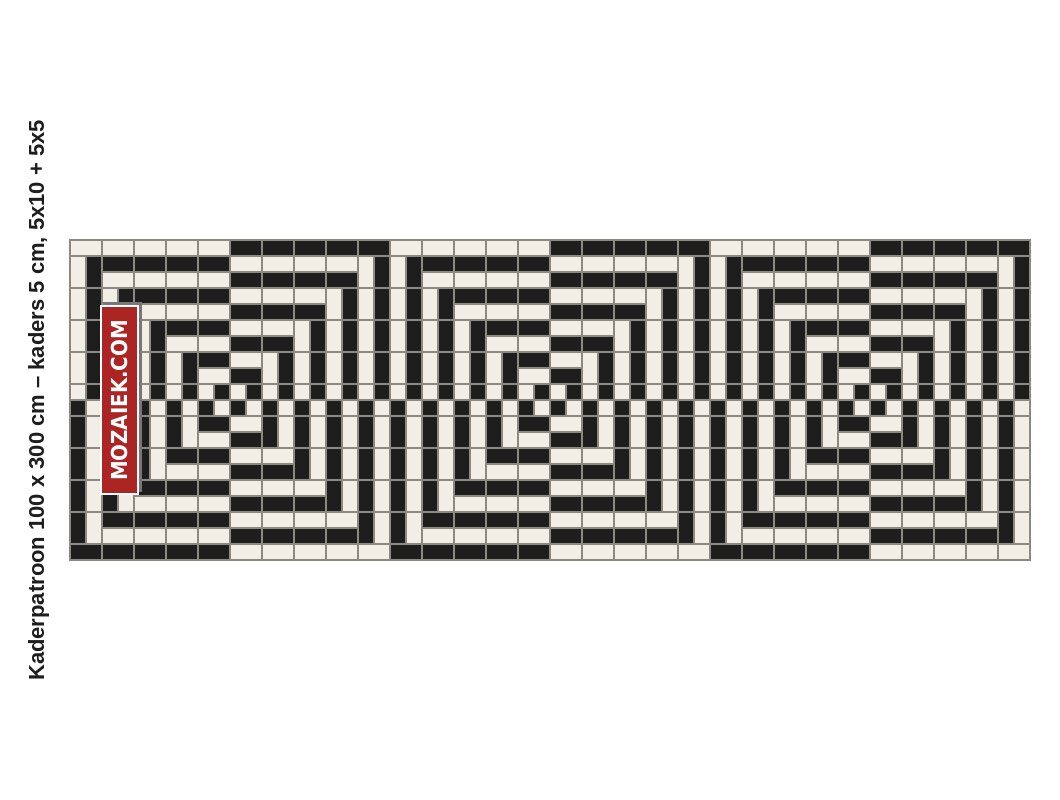Tekening kaderpatroon tegelvloer zwart-wit 100 x 300 cm, drie blokken met tegels 5x10 en blokjes 5x5