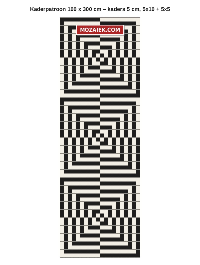 Tekening kaderpatroon tegelvloer zwart-wit 100 x 300 cm, drie blokken met tegels 5x10 en blokjes 5x5
